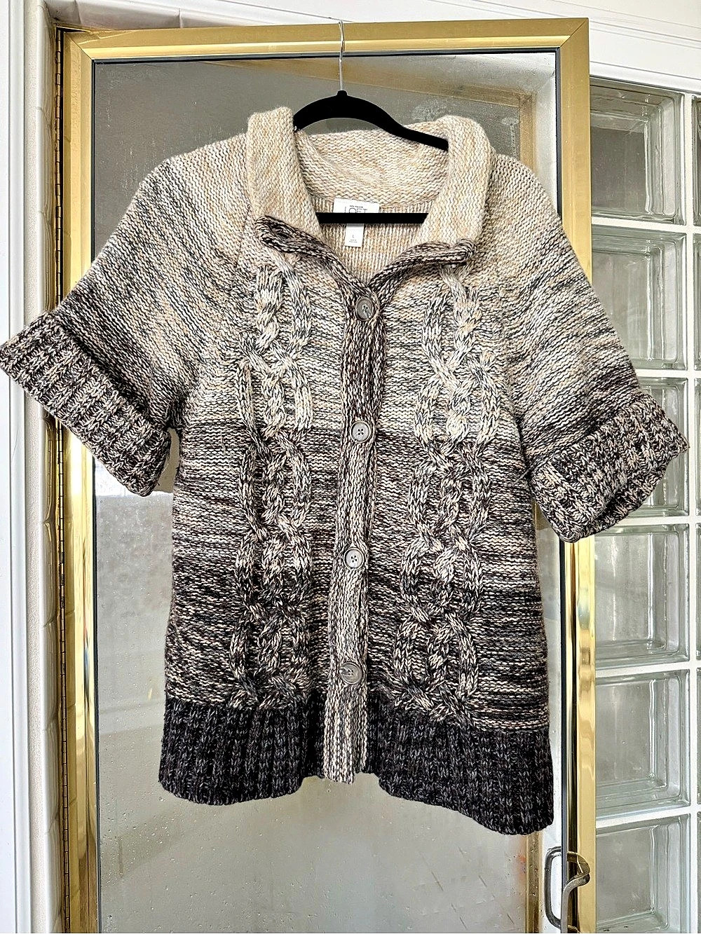 Ann Taylor LOFT Color Block Cowl Neck Button Front Sweater Size Large Brown Tan